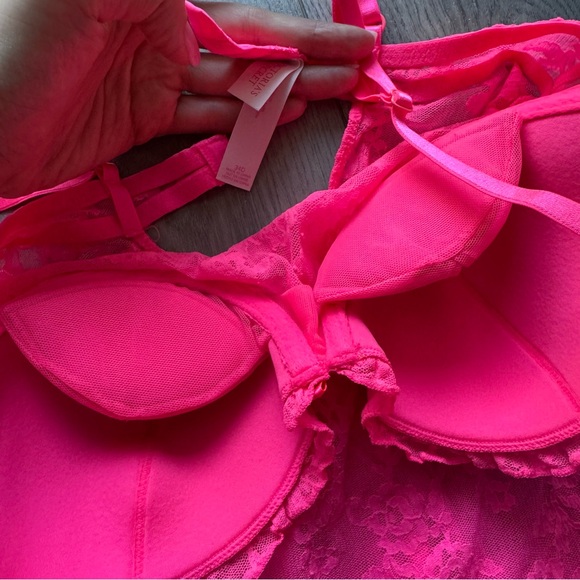 Victoria’s Secret Pink Lace Babydoll Chemise 34D Hot Pink Floral Lingerie - Picture 3 of 5